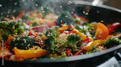 Close-up of colorful vegetable stir-fry in a wok, showcasing vibrant ingredients and healthy cooking