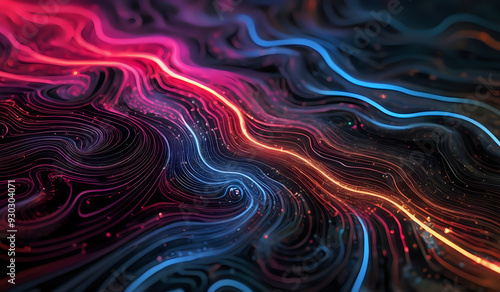 Colorful wavy neon lines background on black