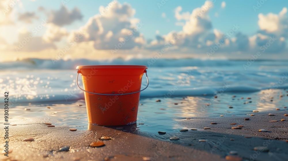 A bright orange bucket resting on a sandy beach with gentle waves in the background, capturing the essence of a summer day. A bright orange bucket resting on a sandy beach with gentle waves in the background, capturing the essence of a summer day.