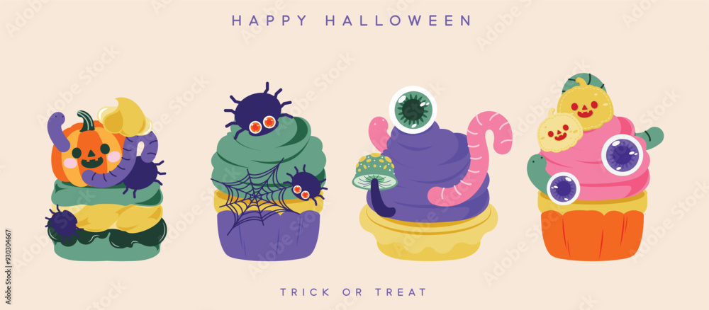 Halloween cupcakes, flat and colorful illustration. Halloween cupcakes, flat and colorful illustration.