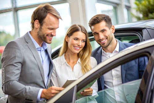 A smiling couple inspects a sleek vehicle at a dealership, receiving expert guidance from a professional sales representative, emphasizing safety and quality features.