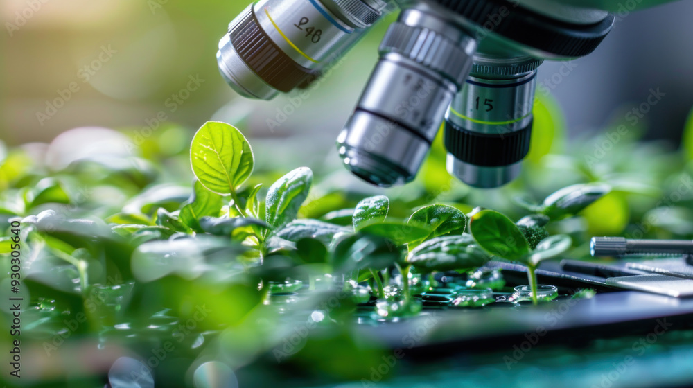 Close-up of a scientist examining plant cells under a microscope in a biology lab, showcasing nature and science