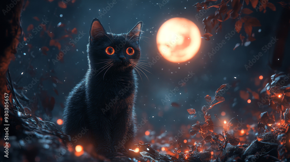A mysterious black cat gazes into night, illuminated by glowing full moon. scene is enchanting, filled with magical ambiance and soft glowing lights, evoking sense of wonder. A mysterious black cat gazes into night, illuminated by glowing full moon. scene is enchanting, filled with magical ambiance and soft glowing lights, evoking sense of wonder.