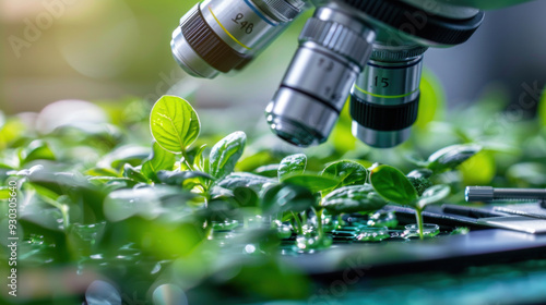 Obraz na płótnie Close-up of a scientist examining plant cells under a microscope in a biology lab, showcasing nature and science w salonie