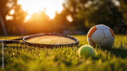 Tennis Racket, Balls, and Grass in Golden Sunset Light