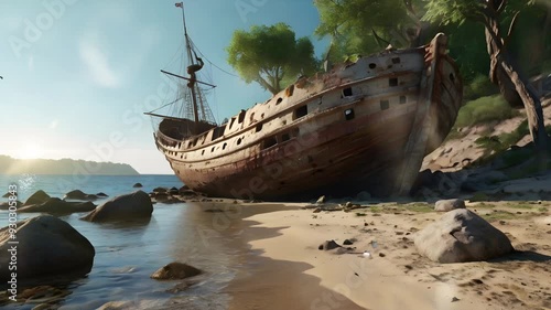 A large shipwreck is stranded on the shore near large rocks and forests. Seamless 4K looping timelapse video animation background photo