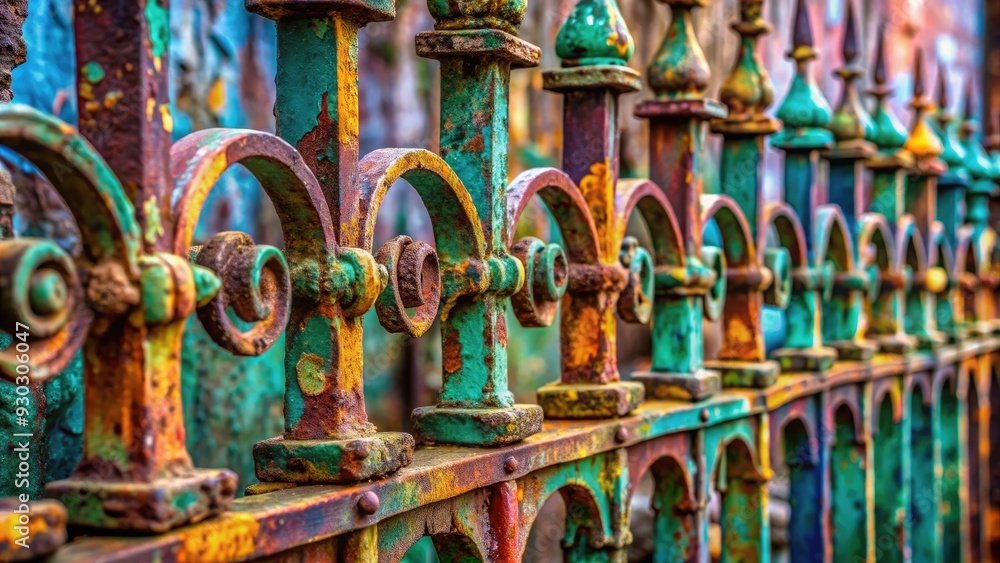 Fototapeta premium Vibrant, weathered iron fence with abstract patterns and textures, showcasing worn, peeling paint in a mesmerizing close-up of aged, colorful metal background.