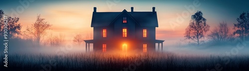 Haunted House in the Fog at Sunset.