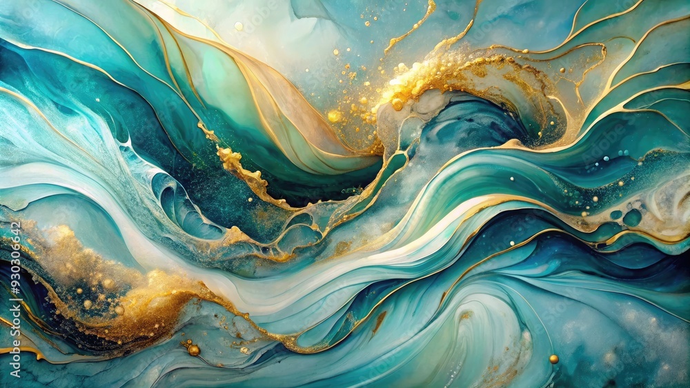 Ethereal abstract fluid art painting in alcohol ink technique, featuring delicate, dreamy waves and golden swirls, perfect for luxurious wallpaper and printed materials. Ethereal abstract fluid art painting in alcohol ink technique, featuring delicate, dreamy waves and golden swirls, perfect for luxurious wallpaper and printed materials.