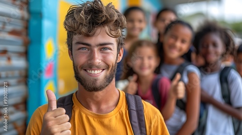 A volunteer giving a thumbs up while distributing backpacks to children at a charity event, with smiling kids and parents in the background, symbolizing the joy of giving, photo