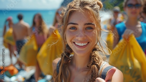 A volunteer giving a thumbs up while helping to clean up a beach, with bags of collected trash and fellow volunteers in the background, symbolizing environmental stewardship, photo