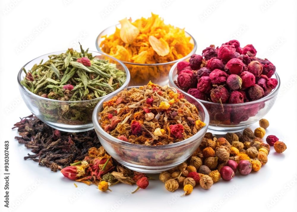 Vibrant assortment of dried herbal and berry teas, including linden, calendula, and tea rose, isolated on a clean white background, conveying health and wellness. Vibrant assortment of dried herbal and berry teas, including linden, calendula, and tea rose, isolated on a clean white background, conveying health and wellness.