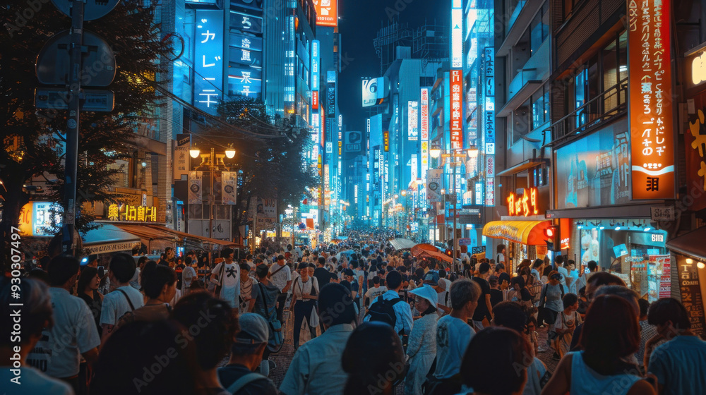 Bustling street scene in Tokyo, Japan, with neon lights and crowds, showcasing modern urban travel