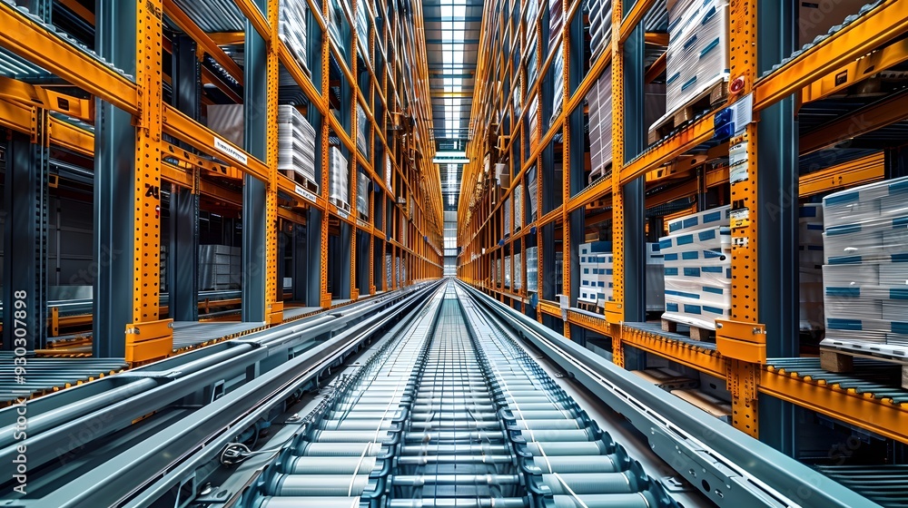 Fototapeta premium Precision Robotic Sorting System in High Density Storage Warehouse Logistics Concept