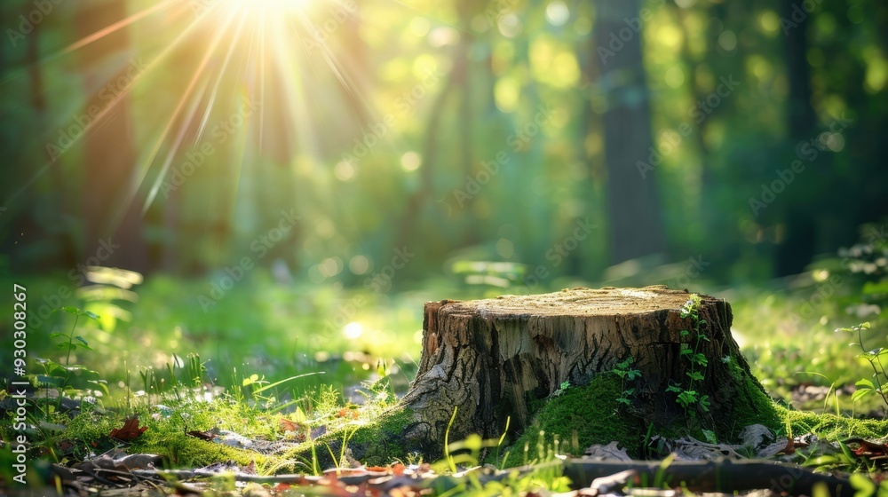 A tree stump covered in moss sits in a forest clearing, bathed in warm sunlight filtering through the trees. A tree stump covered in moss sits in a forest clearing, bathed in warm sunlight filtering through the trees.