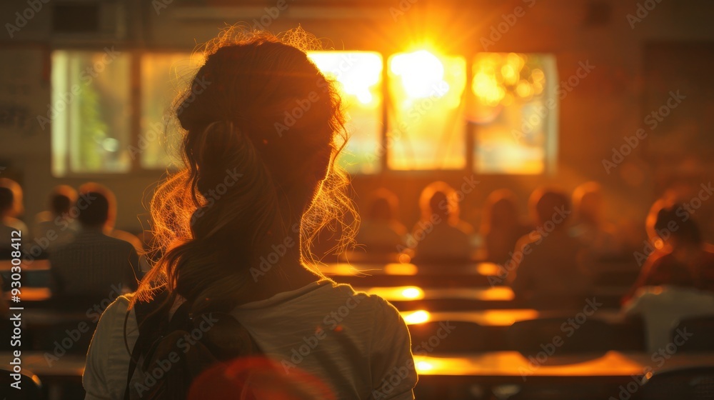 A student with a backpack in a classroom, watching the sunset through a window, casting a warm glow in the room. A student with a backpack in a classroom, watching the sunset through a window, casting a warm glow in the room.
