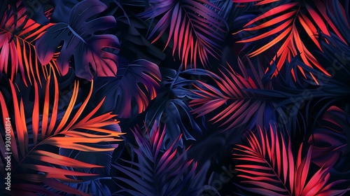 Seamless Miami night tropical pattern black foliage on sunset blur. High quality illustration. Swim, sports, or resort wear repeat print. Dark foreground on blurred background. Dark vibrant colors