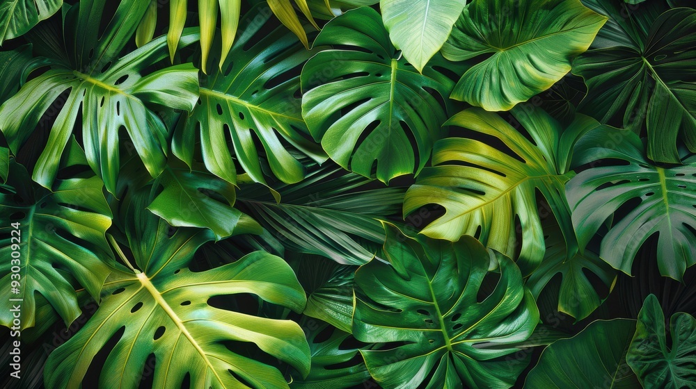 A close-up of vibrant green Monstera leaves, showcasing their intricate patterns and lush foliage, creating a tropical and fresh atmosphere. A close-up of vibrant green Monstera leaves, showcasing their intricate patterns and lush foliage, creating a tropical and fresh atmosphere.