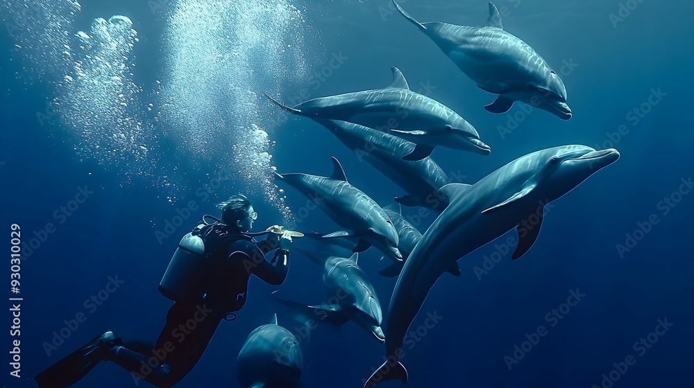 Fototapeta premium Diver Interacting with Friendly Dolphins Underwater in Tropical Ocean Adventure