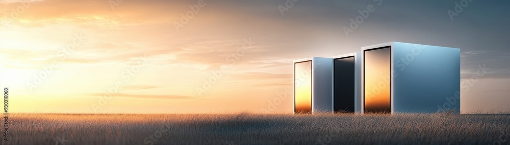 Fototapeta premium Modern structure under a vibrant sunset, showcasing architectural innovation against a serene landscape.