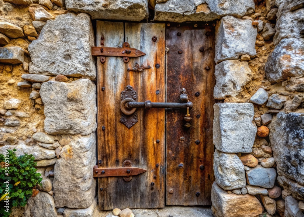 Weathered wooden door with rusty hinges and ornate iron handle set in a crumbling stone wall of an ancient dwelling in Eze, France. Weathered wooden door with rusty hinges and ornate iron handle set in a crumbling stone wall of an ancient dwelling in Eze, France.