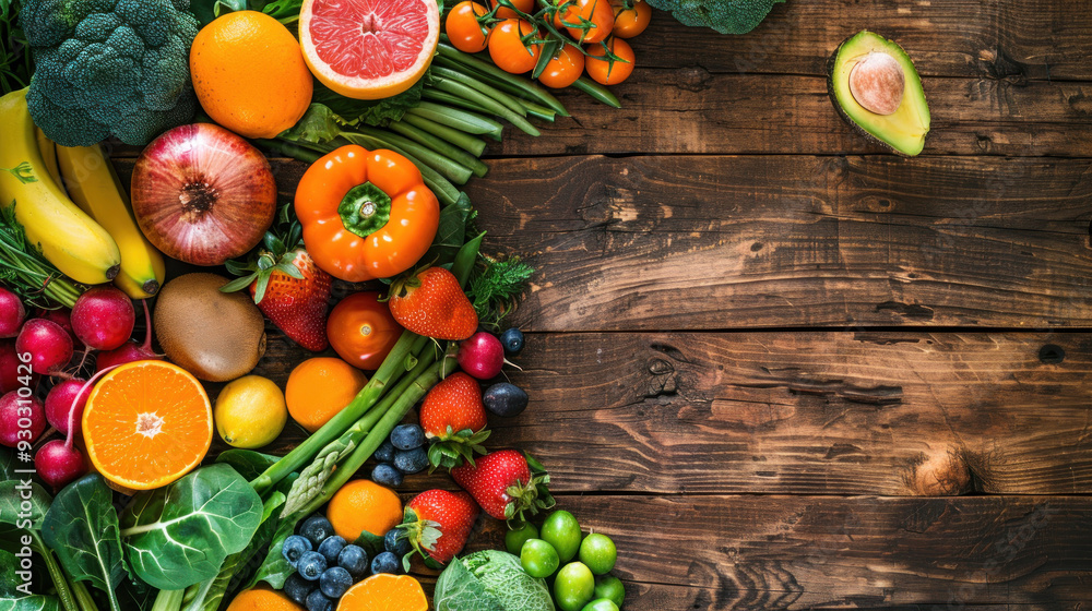 An assortment of fresh fruits and vegetables on a rustic wooden table, highlighting the importance of healthy eating An assortment of fresh fruits and vegetables on a rustic wooden table, highlighting the importance of healthy eating