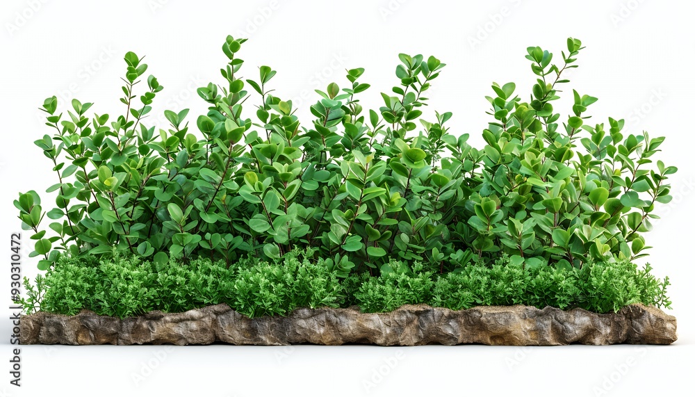 A lush arrangement of green plants on a textured stone base, ideal for decoration. A lush arrangement of green plants on a textured stone base, ideal for decoration.