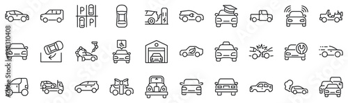 Set of 30 outline icons related to civil car. Linear icon collection. Editable stroke. Vector illustration