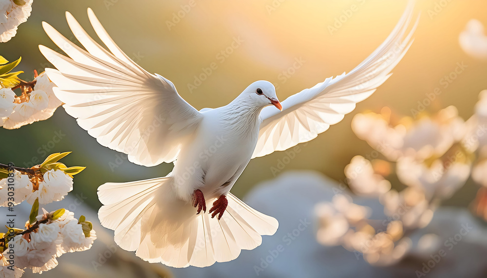 Fototapeta premium White Bird Flying Over Tree With White Flowers