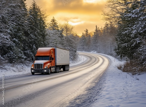 A truck travels along a snowy, winding road through a winter forest at sunset, highlighting winter transportation challenges.