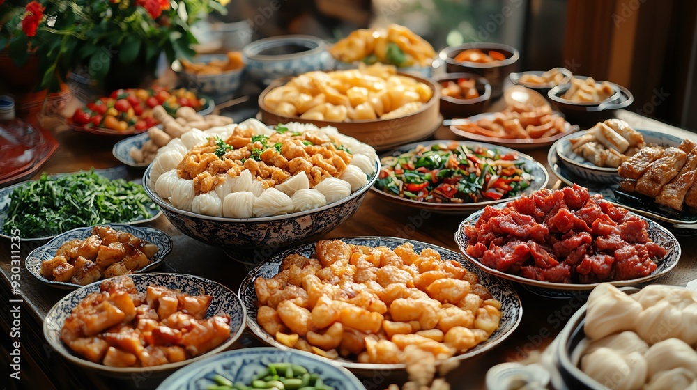A table filled with an array of traditional Chinese dishes, vibrant and inviting banquet A table filled with an array of traditional Chinese dishes, vibrant and inviting banquet