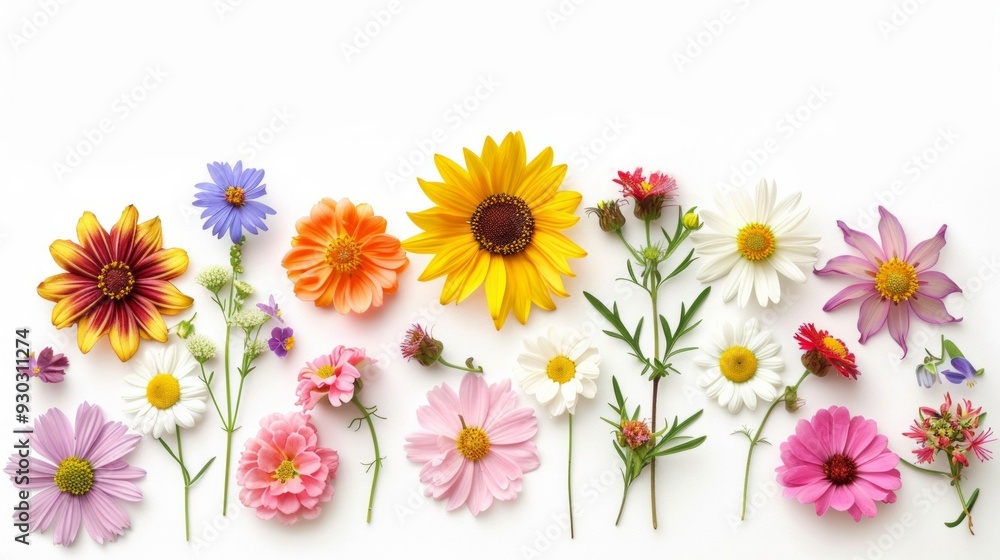 Fototapeta premium Summer flower creative layout Daisy cosmos blanket aster zinnia tickseed sunflower and doronicum flowers isolated on white background Floral frame bor, AI Generative