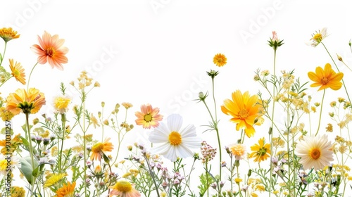 Summer flower creative layout Daisy cosmos blanket aster zinnia tickseed sunflower and doronicum flowers isolated on white background Floral frame bor, AI Generative photo