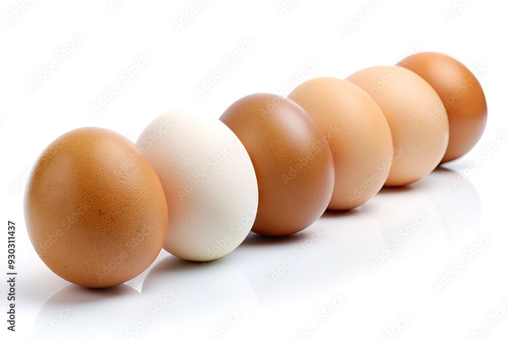 Freshly laid brown and white chicken eggs arranged in a neat row on a crisp, clean white background, evoking a sense of simplicity and freshness. Freshly laid brown and white chicken eggs arranged in a neat row on a crisp, clean white background, evoking a sense of simplicity and freshness.