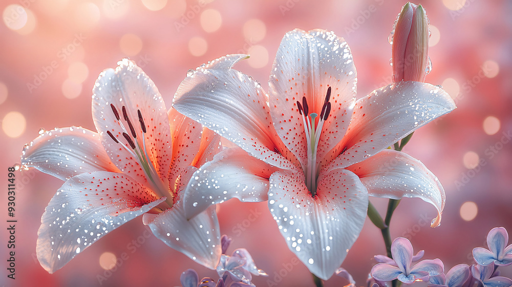 Fototapeta premium white peach Lilly & lilac floral design pattern, hyperrealistic photography, flowers are arranged in a dreamy, abstract landscape with soft, glowing lighting with dewdrops