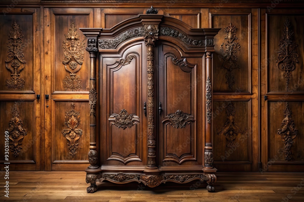 Dark-wooden carved wardrobe with ornate details stands against a warm wooden background, its intricately designed doors closed, exuding mystery and vintage elegance. Dark-wooden carved wardrobe with ornate details stands against a warm wooden background, its intricately designed doors closed, exuding mystery and vintage elegance.
