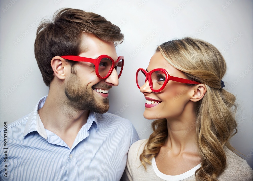 Obraz premium Adorable couple wearing heart-shaped glasses, gazing lovingly at each other, surrounded by a crisp white background, evoking a sense of romance and affection on Valentine's Day.