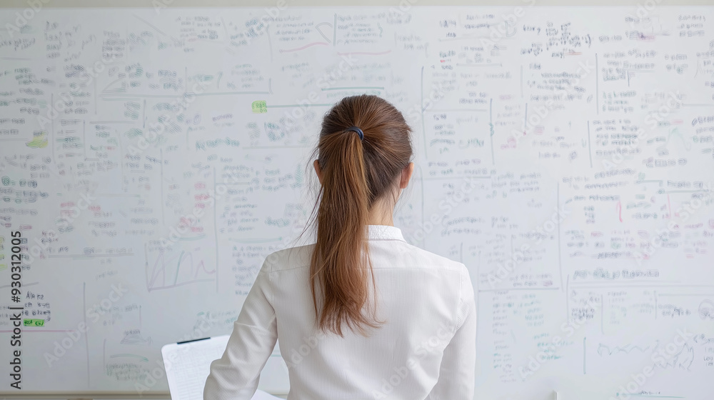 Businesswoman working on business plan while standing by whiteboard at office Businesswoman working on business plan while standing by whiteboard at office