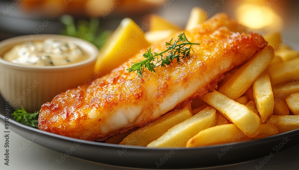 Classic fish and chips served with tartar sauce and lemon on a white background Classic fish and chips served with tartar sauce and lemon on a white background