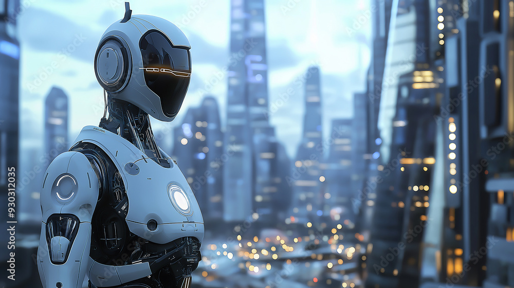 A sci-fi inspired metropolis with intelligent robots managing public services and security A sci-fi inspired metropolis with intelligent robots managing public services and security
