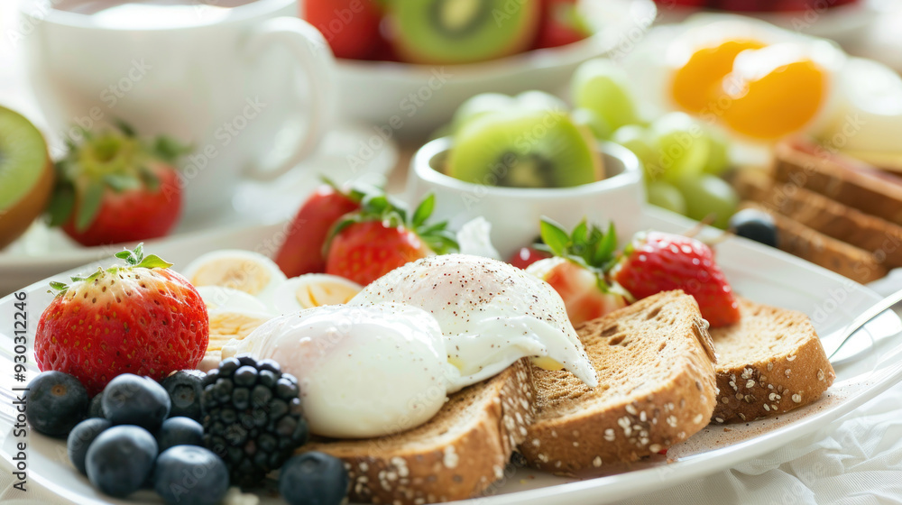 A breakfast spread featuring whole grain toast, poached eggs, and fresh fruit, highlighting healthy eating choices A breakfast spread featuring whole grain toast, poached eggs, and fresh fruit, highlighting healthy eating choices