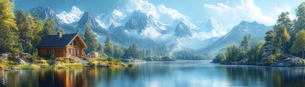 Naklejka premium Cozy cabin by a serene mountain lake, surrounded by lush greenery and majestic peaks, tranquil landscape