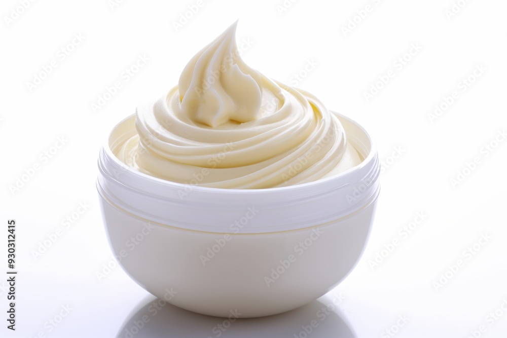 A white bowl of whipped cream sits on a white background. The whipped cream is fluffy and looks delicious A white bowl of whipped cream sits on a white background. The whipped cream is fluffy and looks delicious