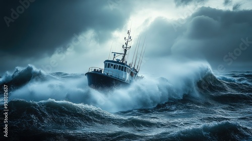 A boat battles against fierce waves. This image is ideal for conveying themes of courage, resilience, and the power of nature.