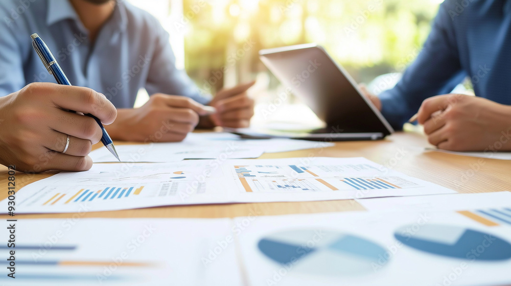 Casual meeting of smiling diverse business team analyzing financial data Casual meeting of smiling diverse business team analyzing financial data