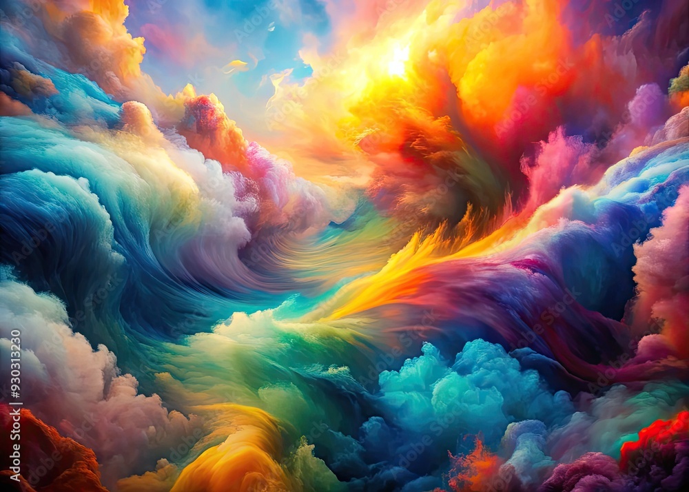 Obraz premium Vibrant, swirling clouds of translucent color merge in a mesmerizing, futuristic pattern, evoking a dynamic, abstract background reminiscent of mixed liquid paints in motion.