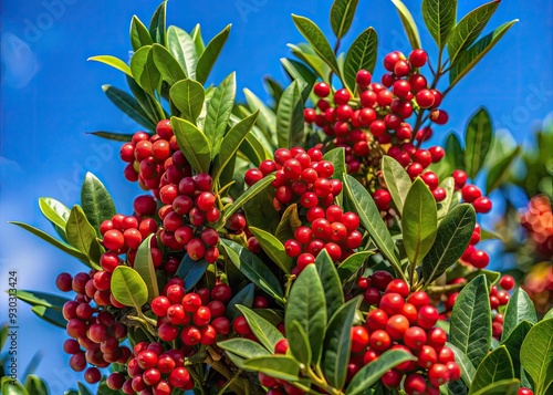 Vibrant Brazilian pepper or Florida holly tree stands tall, adorned with bright red berries and glossy green leaves, against a sunny blue sky backdrop. photo