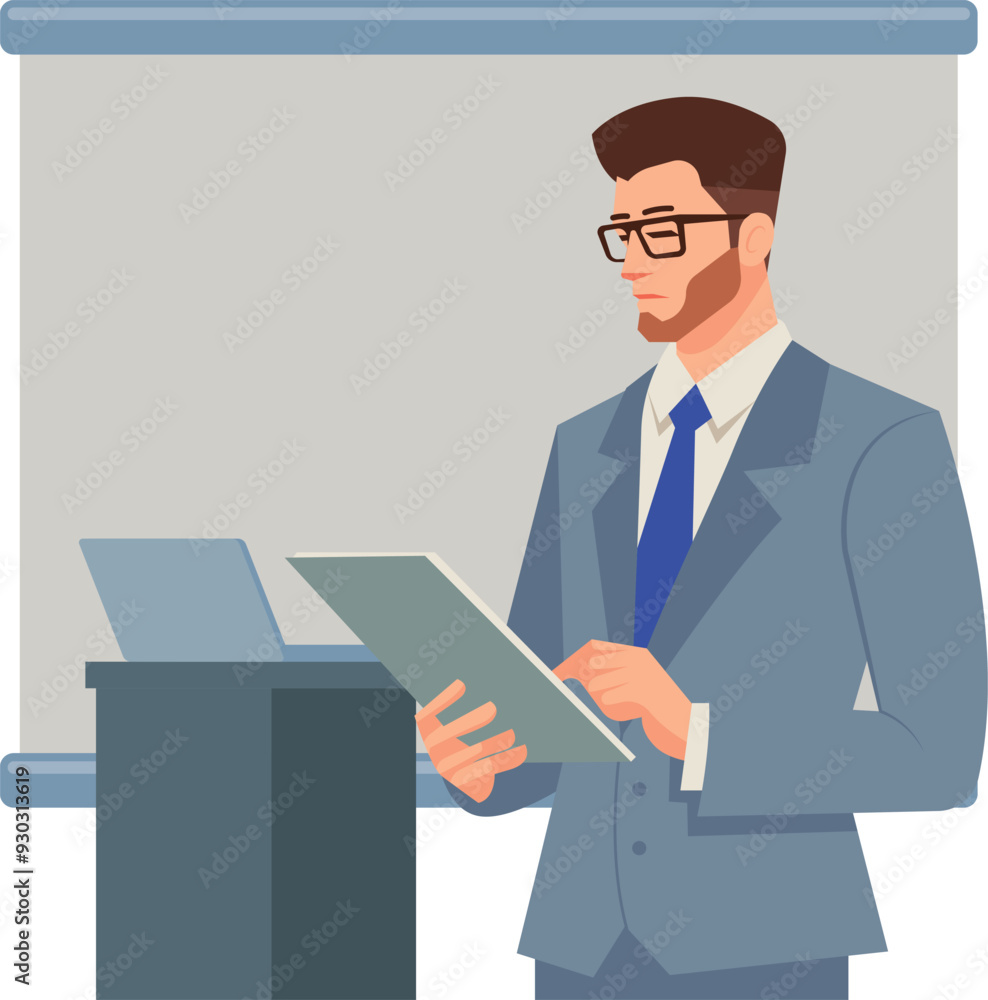 Smart young business man hand pointing on document presenting with empty space backdrop screen flat design illustration