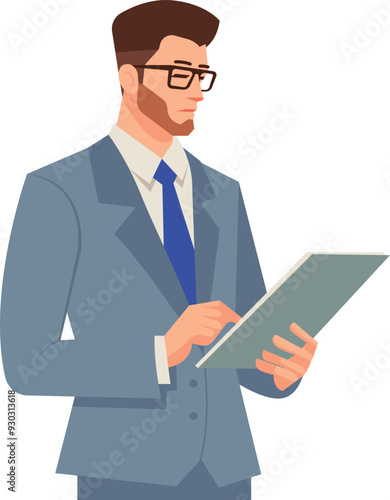 Smart young business man hand pointing on document flat design vector illustration