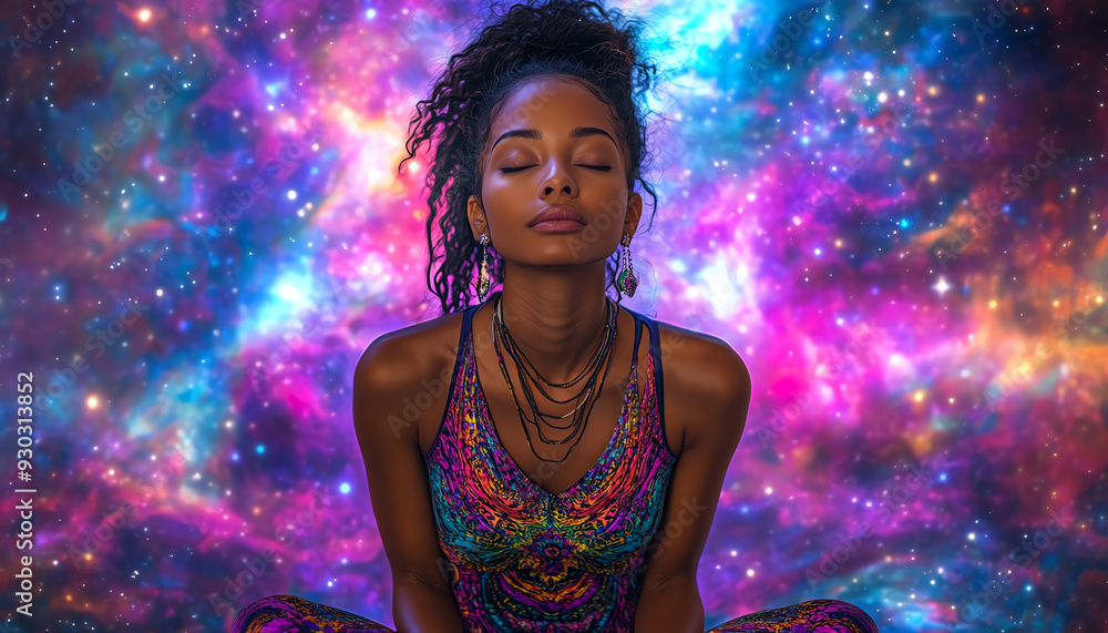 Mystical woman meditating with a vibrant mandala behind her, cosmic sky with stars and nebulae, soft glow Mystical woman meditating with a vibrant mandala behind her, cosmic sky with stars and nebulae, soft glow